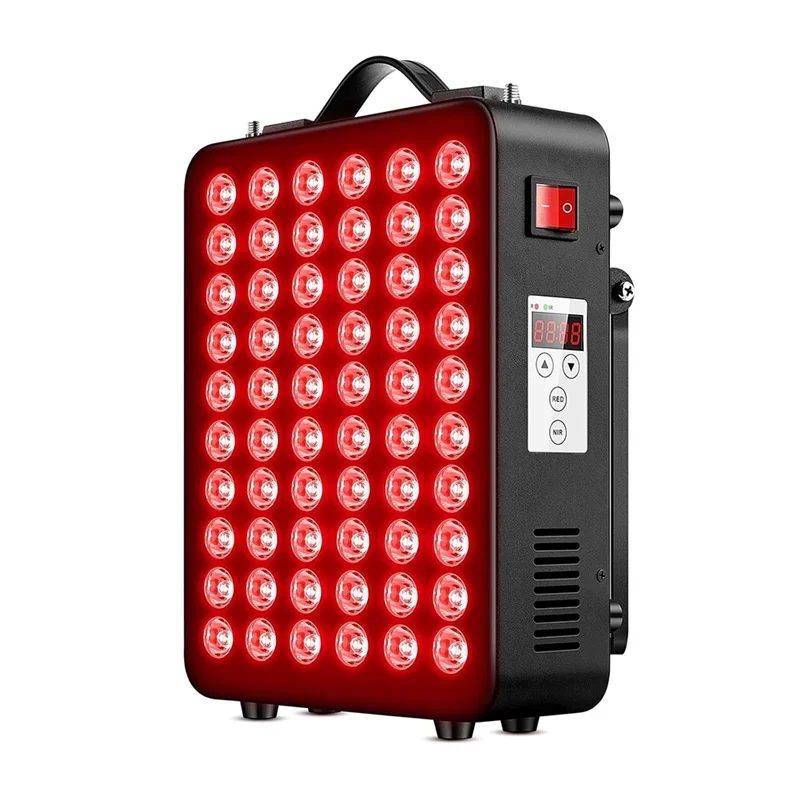Red light therapy panel device with 60 LED lights, digital controls, and a power switch