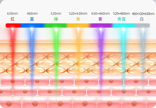 Multi-wavelength light therapy illustration comparing blue, red, and other LED modes