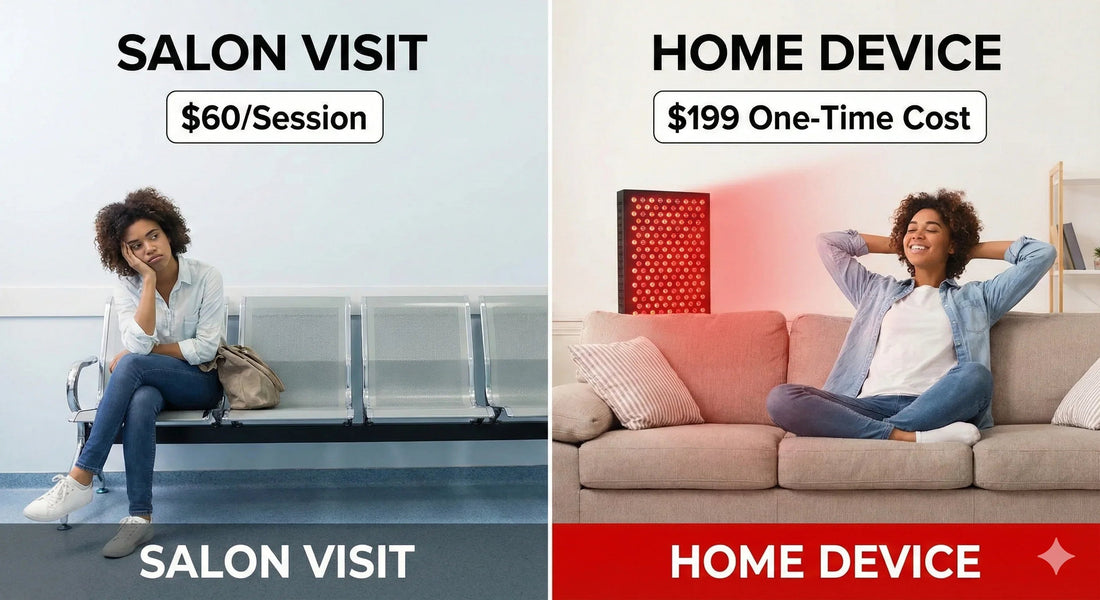 Salon versus home red light therapy comparison showing routine and cost trade-offs