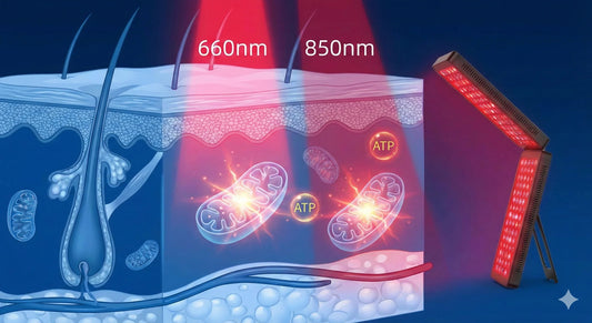 Red light therapy panel illustrating the wavelengths often discussed for skin and recovery routines