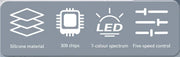 Icons showing silicone material, 309 LED chips, 7-colour spectrum, and five-speed control features.