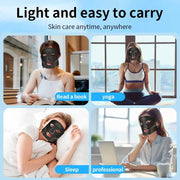 Women wearing a black LED red light therapy mask while reading, exercising, working, and sleeping.
