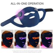 Silicone LED red light therapy face mask with adjustable strap, shown in multiple light modes on mannequin