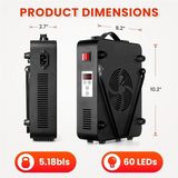 Black red light therapy panel with control display, fan, 60 LEDs, and product dimensions