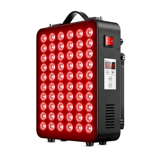 Red light therapy panel device with 60 LED lights, digital controls, and a power switch